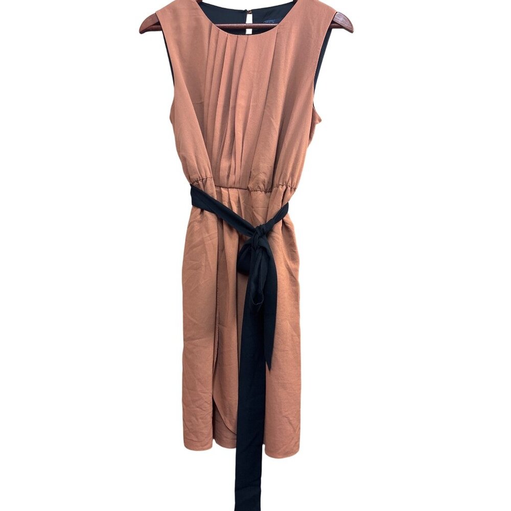Zara Basic Brown & Black Sleeveless Midi Dress With Tie Waist